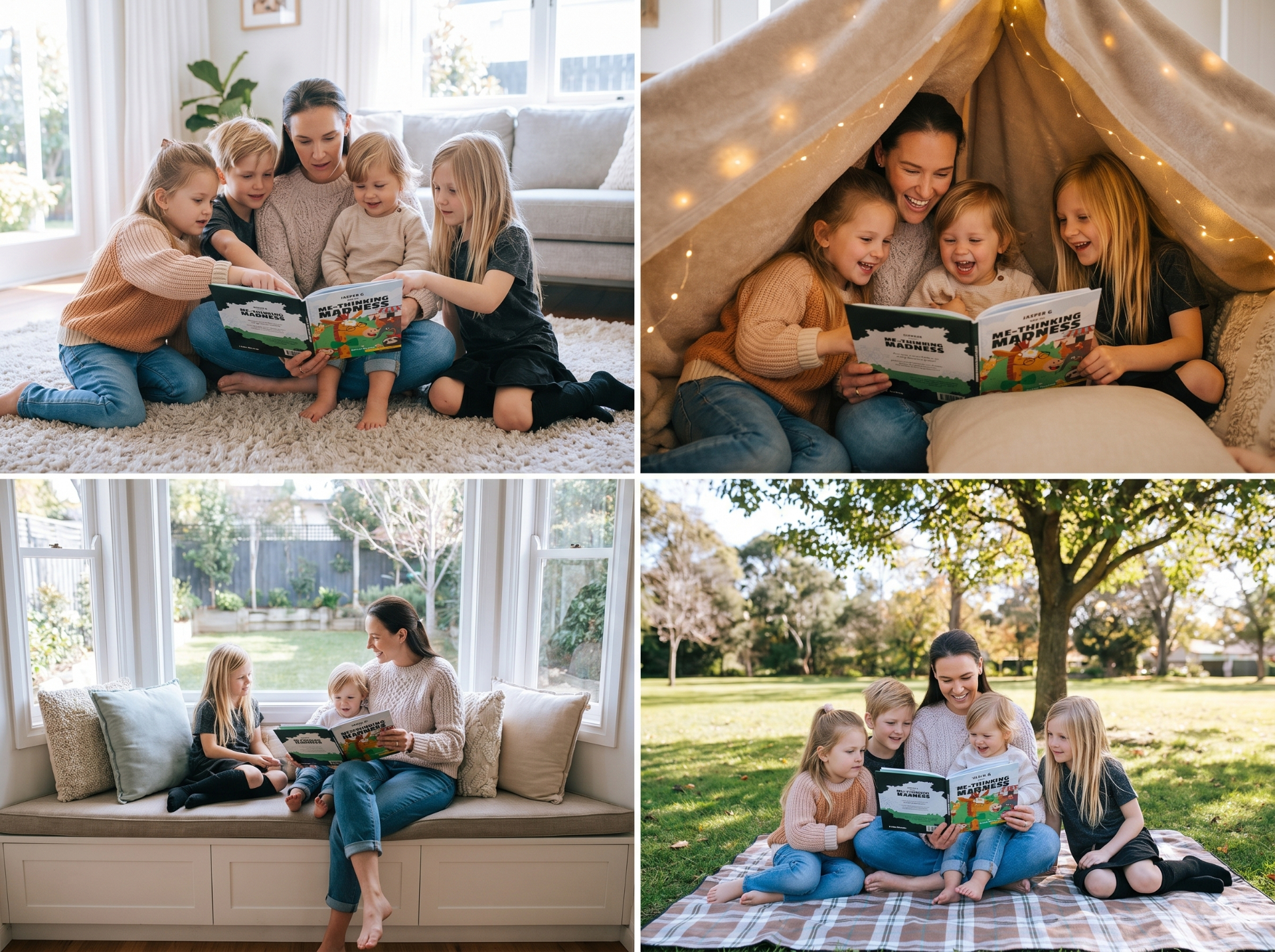 Mother reading printed children's books with kids in cozy home and outdoor moments — Readlino US bookstore