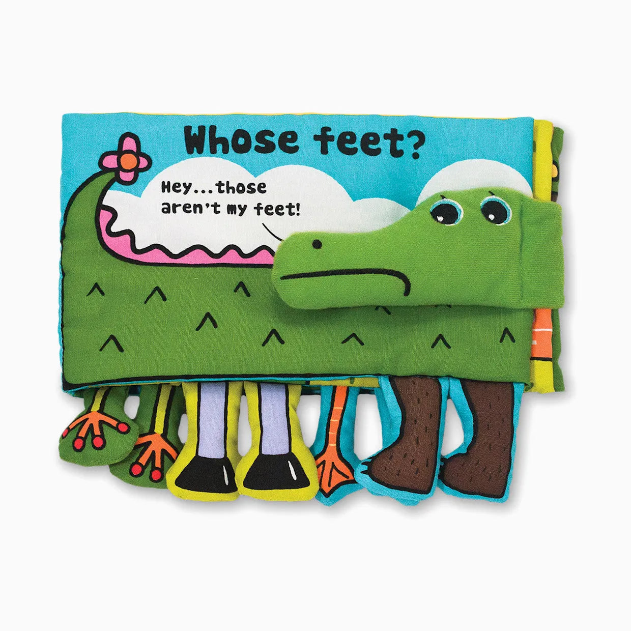 Whose Feet? soft cloth book with a green crocodile, blue cover, and colorful dangly feet.