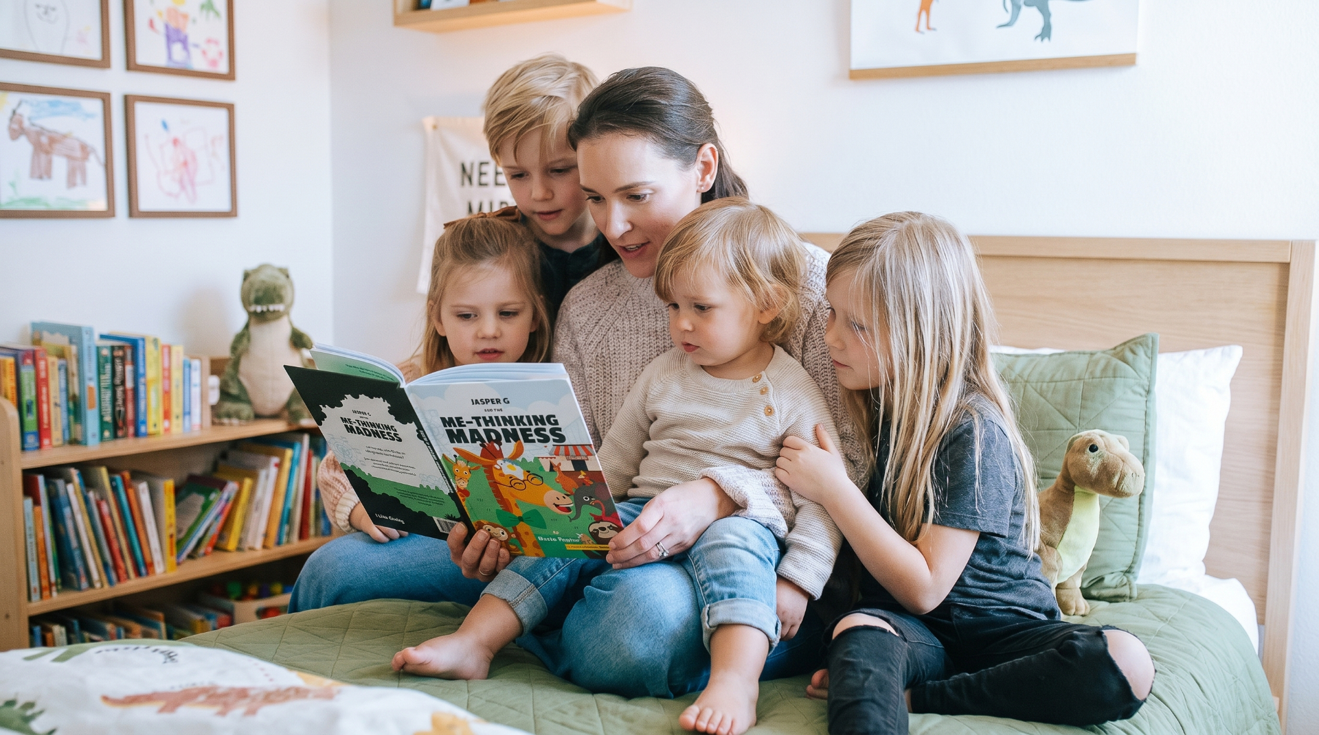 A mother and her four children reading a Readlino book together