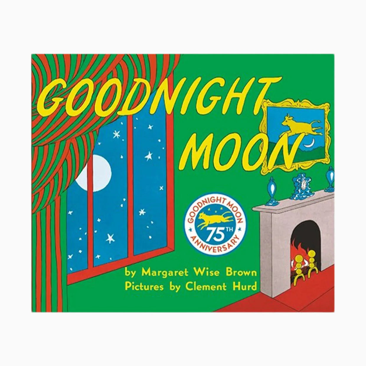 Goodnight Moon hardcover book with green cover, red curtains, blue window, and 75th Anniversary seal.
