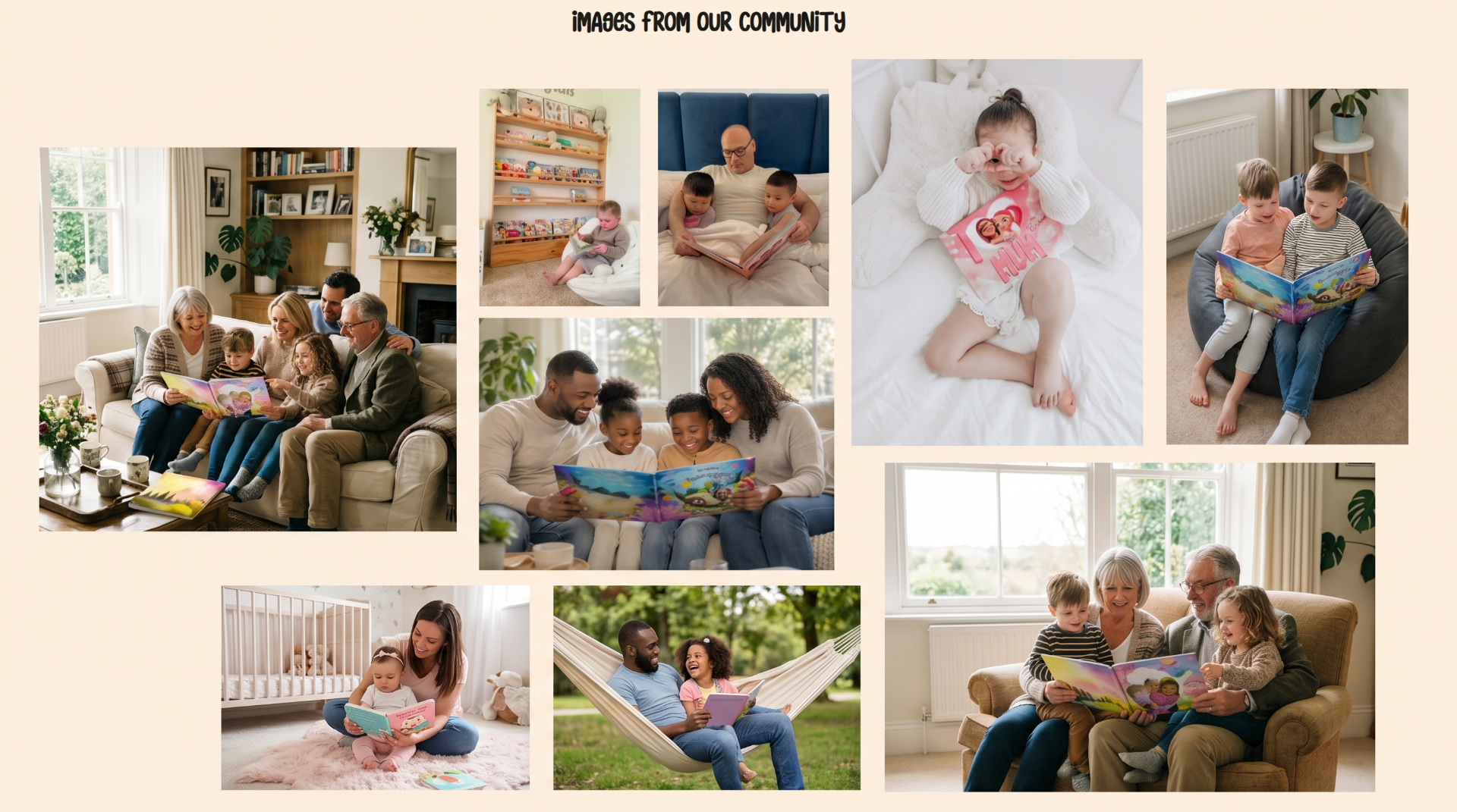 A collage of families across the country reading Readlino books together